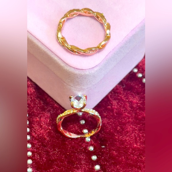 14K Gold Plated Shiny Zircon Wave Band Ring Set Alloy Promise Ring for Women - Picture 6 of 7